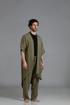 Assymetrical linen blend off-center kimono