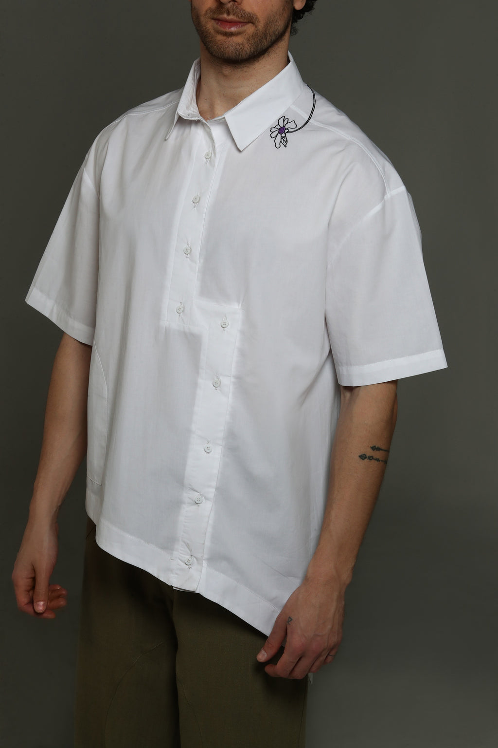 Cotton shirt with offset button tab