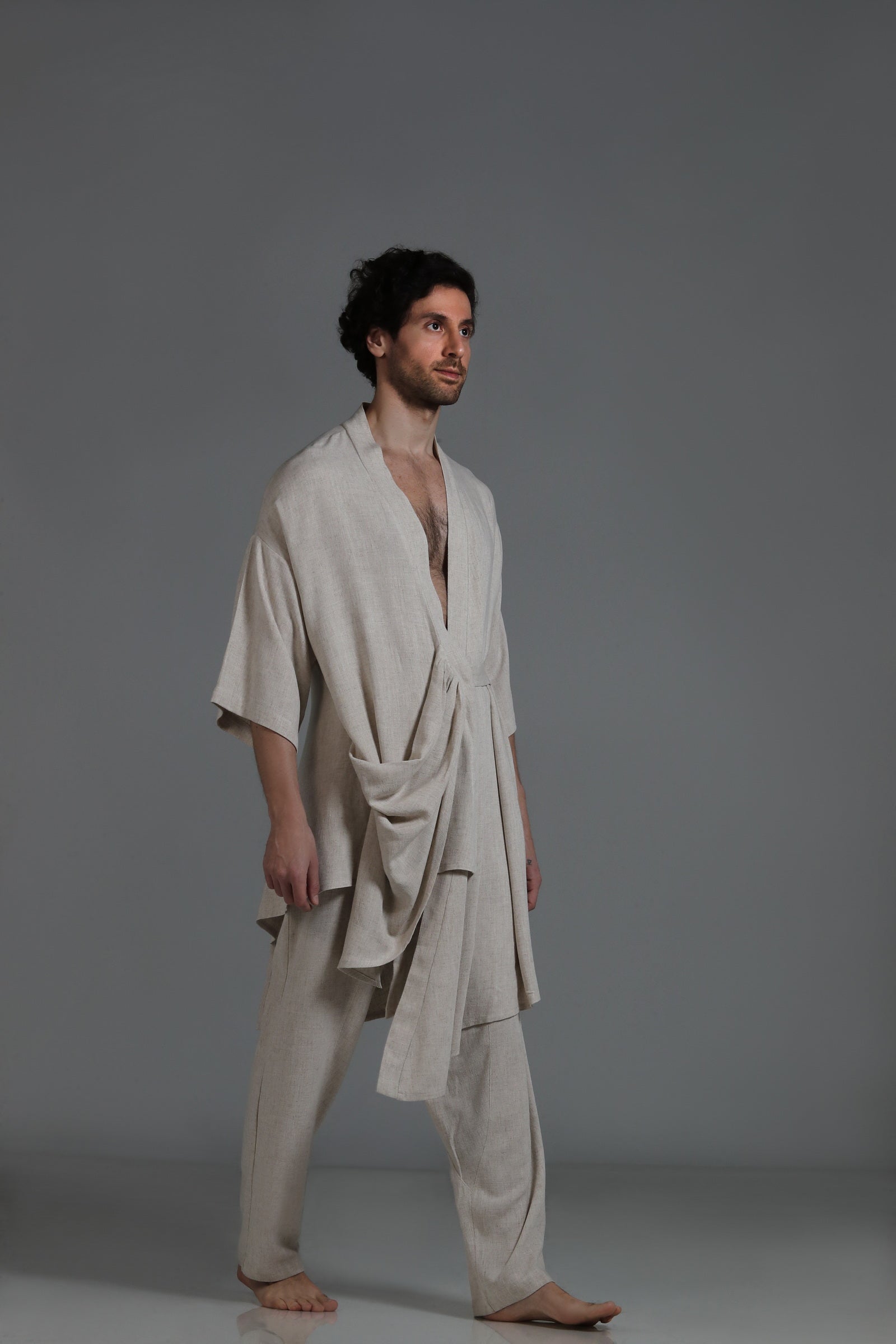 Draped detail long linen kimono
