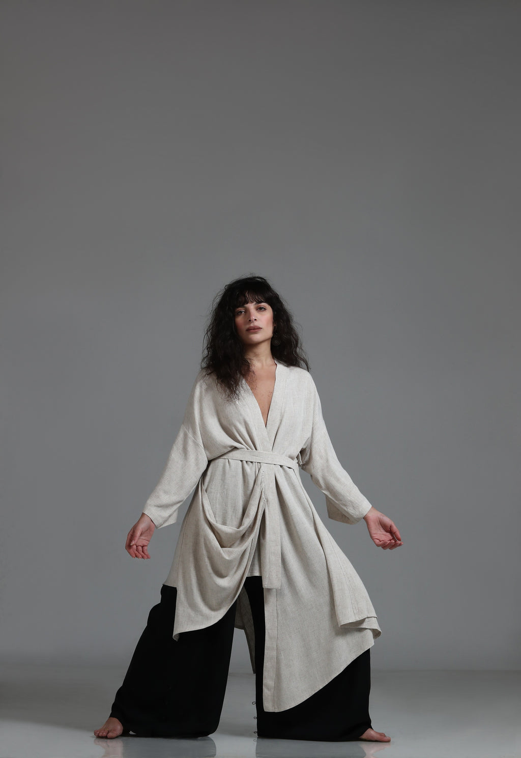 Draped detail long linen kimono