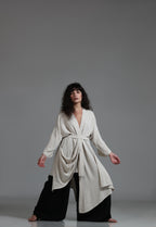 Draped detail long linen kimono