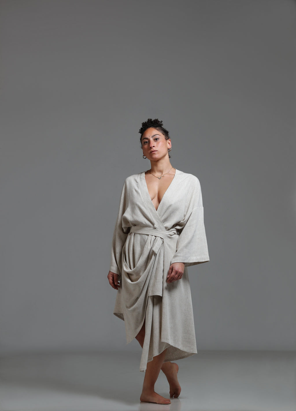 Draped detail long linen kimono