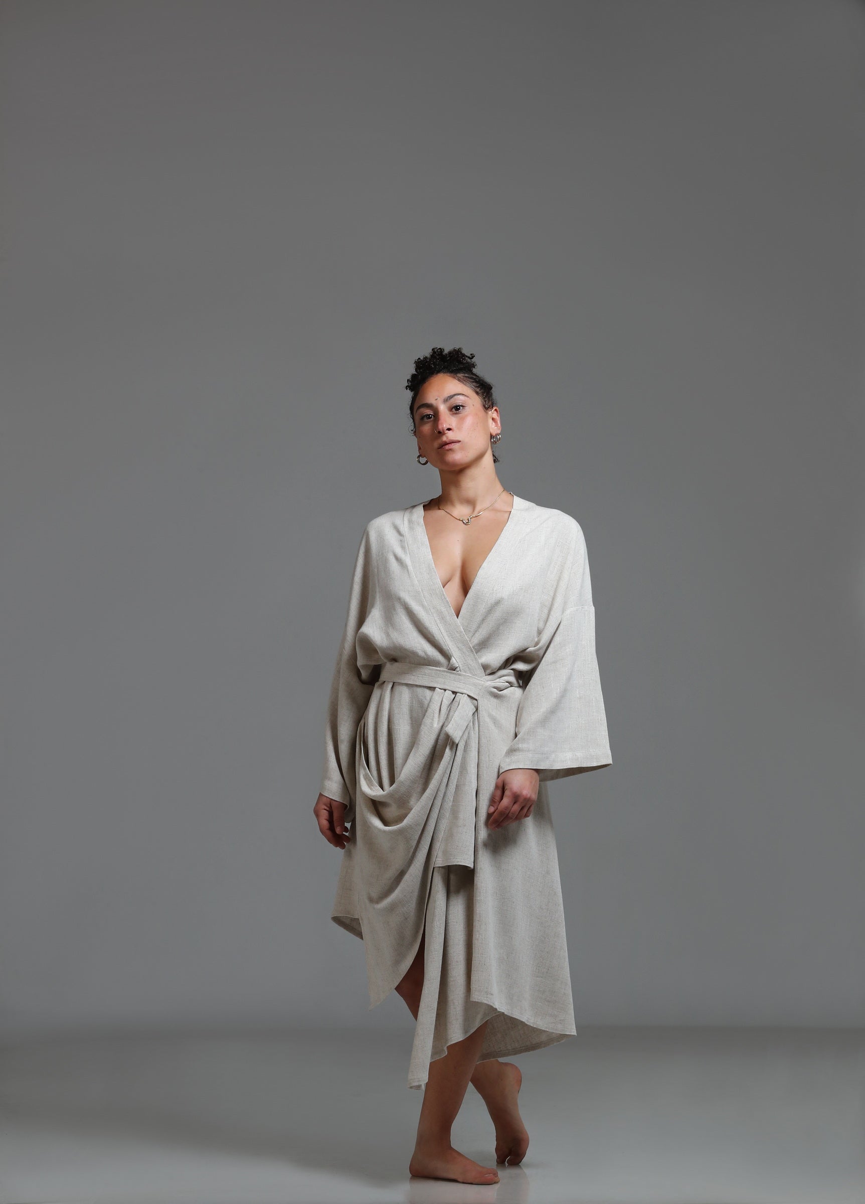 Draped detail long linen kimono